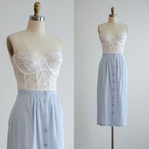 blue midi skirt 80s 90s plus size vintage pastel blue white gingham plaid skirt